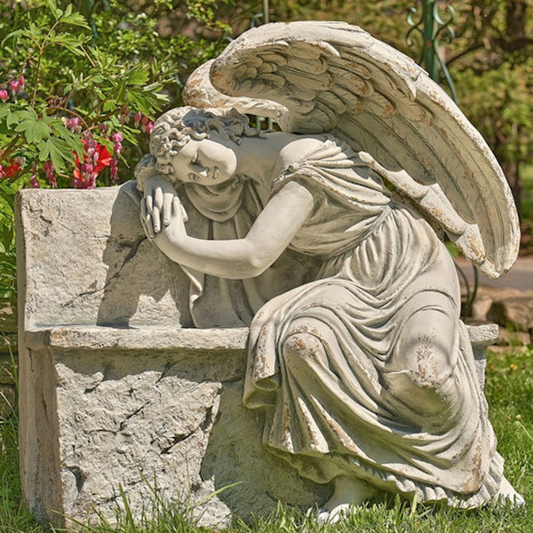 Angel Weeping On Garden Bench Sculpture